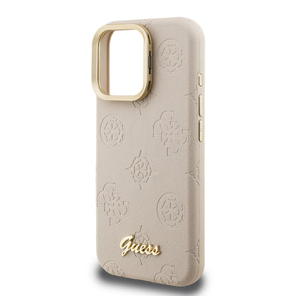 iPhone 15 Pro Kılıf Guess Orjinal Lisanslı M-safe Şarj Özellikli Sıcak Baskılı Yazı Logolu Kamera Standlı PU Deri Peony Kılıf