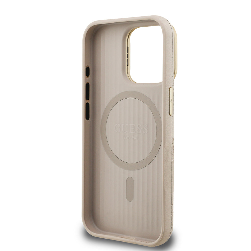 iPhone 15 Pro Kılıf Guess Orjinal Lisanslı M-safe Şarj Özellikli Sıcak Baskılı Yazı Logolu Kamera Standlı PU Deri Peony Kılıf