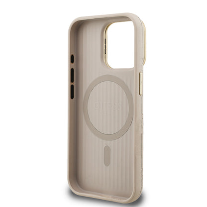 iPhone 15 Pro Kılıf Guess Orjinal Lisanslı M-safe Şarj Özellikli Sıcak Baskılı Yazı Logolu Kamera Standlı PU Deri Peony Kılıf