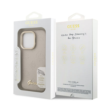 iPhone 15 Pro Kılıf Guess Orjinal Lisanslı M-safe Şarj Özellikli Sıcak Baskılı Yazı Logolu Kamera Standlı PU Deri Peony Kılıf