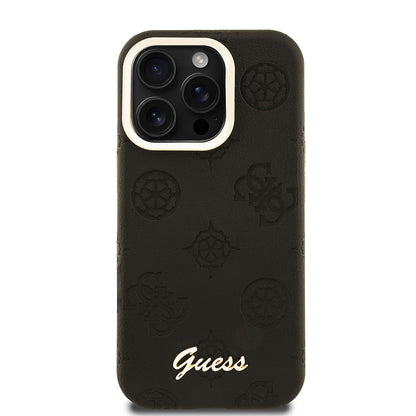 iPhone 15 Pro Kılıf Guess Orjinal Lisanslı M-safe Şarj Özellikli Sıcak Baskılı Yazı Logolu Kamera Standlı PU Deri Peony Kılıf