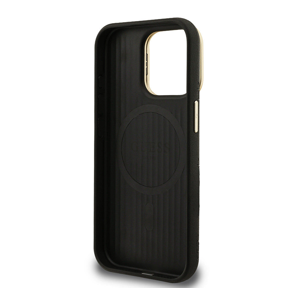 iPhone 15 Pro Kılıf Guess Orjinal Lisanslı M-safe Şarj Özellikli Sıcak Baskılı Yazı Logolu Kamera Standlı PU Deri Peony Kılıf