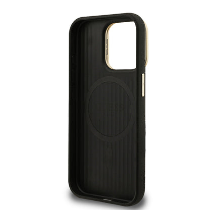 iPhone 15 Pro Kılıf Guess Orjinal Lisanslı M-safe Şarj Özellikli Sıcak Baskılı Yazı Logolu Kamera Standlı PU Deri Peony Kılıf