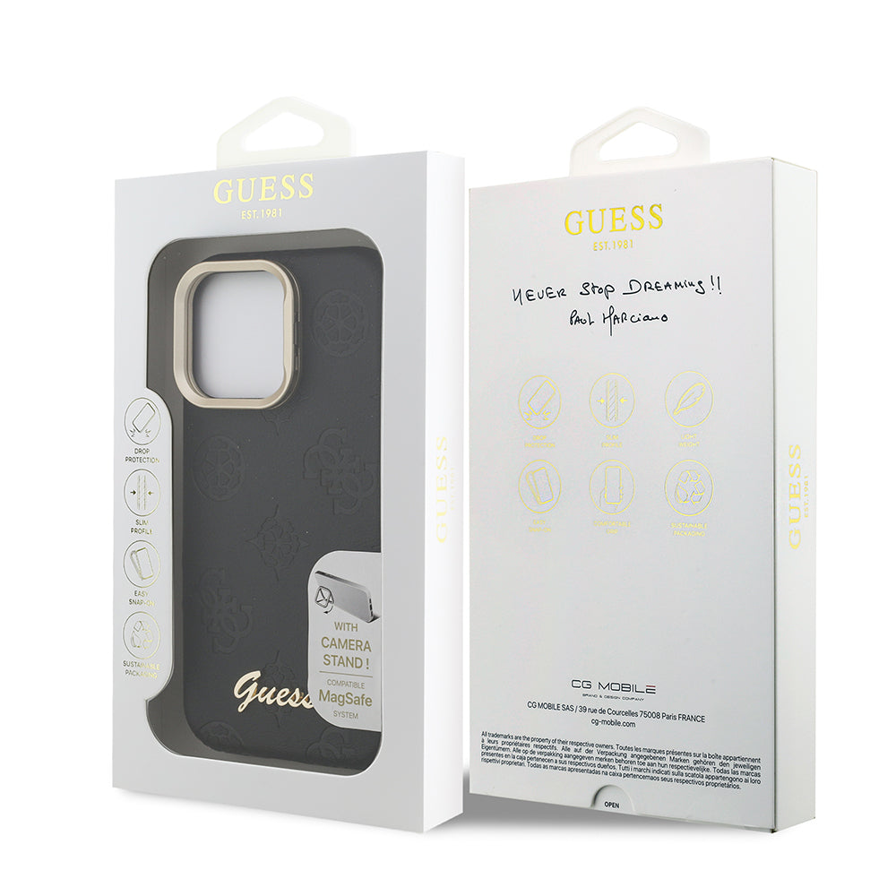 iPhone 15 Pro Kılıf Guess Orjinal Lisanslı M-safe Şarj Özellikli Sıcak Baskılı Yazı Logolu Kamera Standlı PU Deri Peony Kılıf