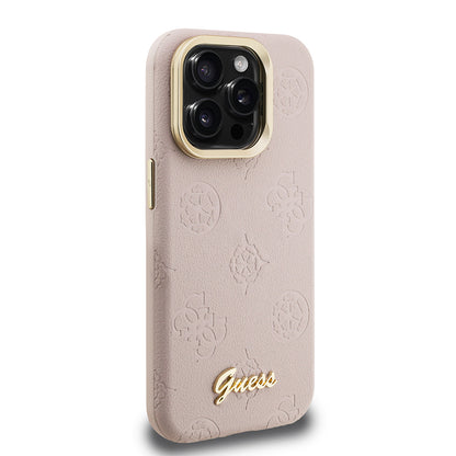 iPhone 15 Pro Kılıf Guess Orjinal Lisanslı M-safe Şarj Özellikli Sıcak Baskılı Yazı Logolu Kamera Standlı PU Deri Peony Kılıf