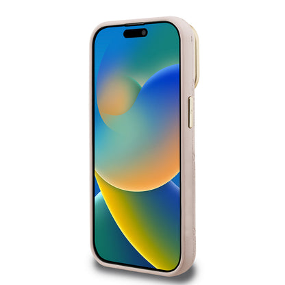 iPhone 15 Pro Kılıf Guess Orjinal Lisanslı M-safe Şarj Özellikli Sıcak Baskılı Yazı Logolu Kamera Standlı PU Deri Peony Kılıf