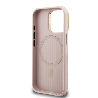 iPhone 15 Pro Kılıf Guess Orjinal Lisanslı M-safe Şarj Özellikli Sıcak Baskılı Yazı Logolu Kamera Standlı PU Deri Peony Kılıf