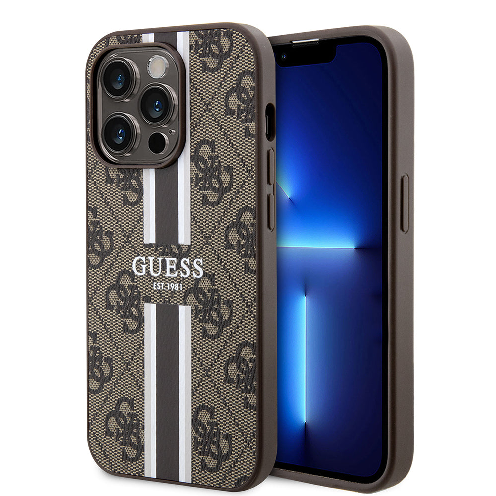 Apple iPhone 15 Pro Kılıf Guess Orjinal Lisanslı Magsafe Şarj Özellikli 4G Şerit Tasarımlı Printed Kapak Pembe