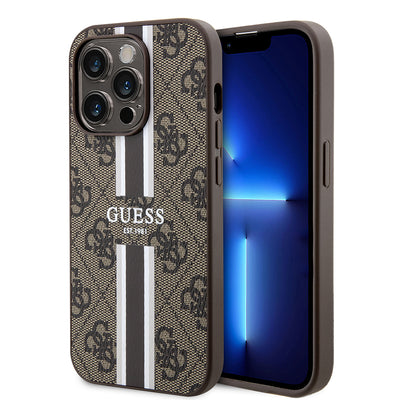 Apple iPhone 15 Pro Kılıf Guess Orjinal Lisanslı Magsafe Şarj Özellikli 4G Şerit Tasarımlı Printed Kapak Pembe