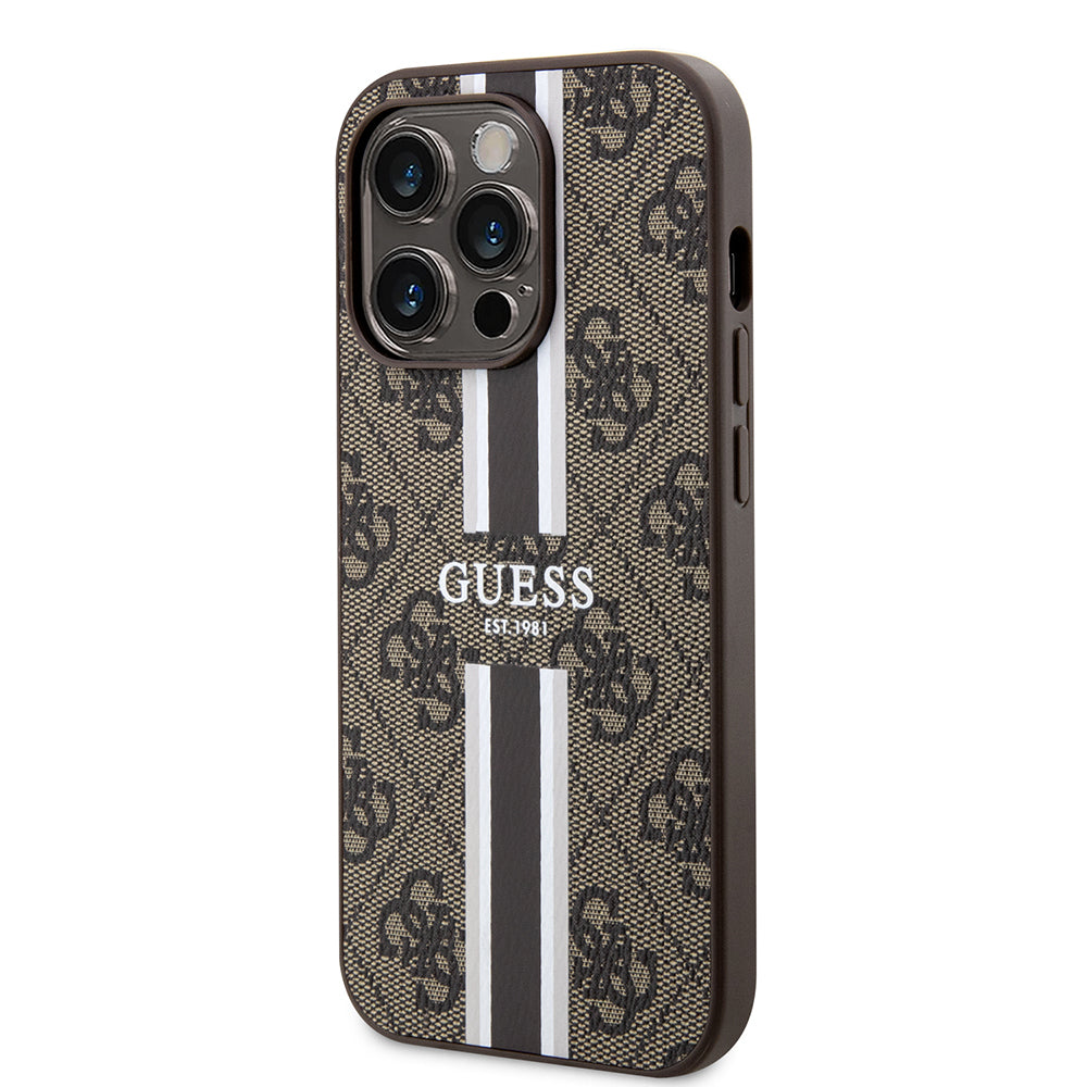 Apple iPhone 15 Pro Kılıf Guess Orjinal Lisanslı Magsafe Şarj Özellikli 4G Şerit Tasarımlı Printed Kapak Pembe