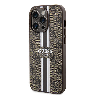 Apple iPhone 15 Pro Kılıf Guess Orjinal Lisanslı Magsafe Şarj Özellikli 4G Şerit Tasarımlı Printed Kapak Pembe