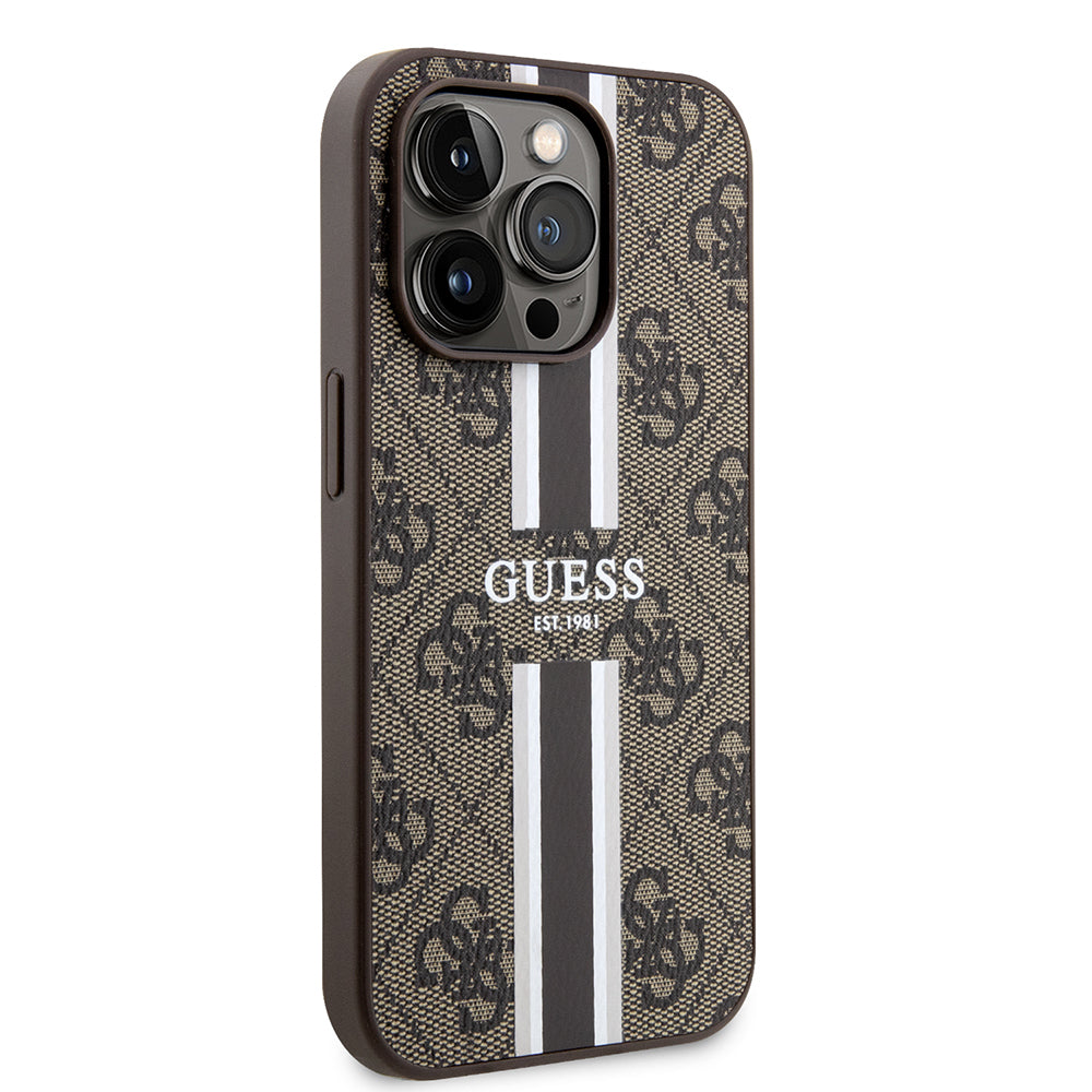 Apple iPhone 15 Pro Kılıf Guess Orjinal Lisanslı Magsafe Şarj Özellikli 4G Şerit Tasarımlı Printed Kapak Pembe