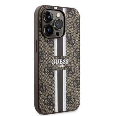 Apple iPhone 15 Pro Kılıf Guess Orjinal Lisanslı Magsafe Şarj Özellikli 4G Şerit Tasarımlı Printed Kapak Pembe