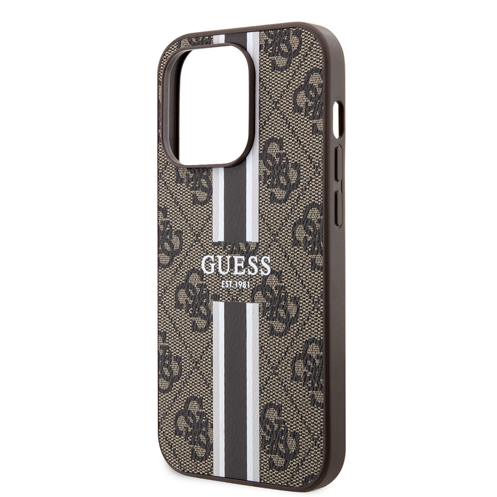 Apple iPhone 15 Pro Kılıf Guess Orjinal Lisanslı Magsafe Şarj Özellikli 4G Şerit Tasarımlı Printed Kapak Pembe