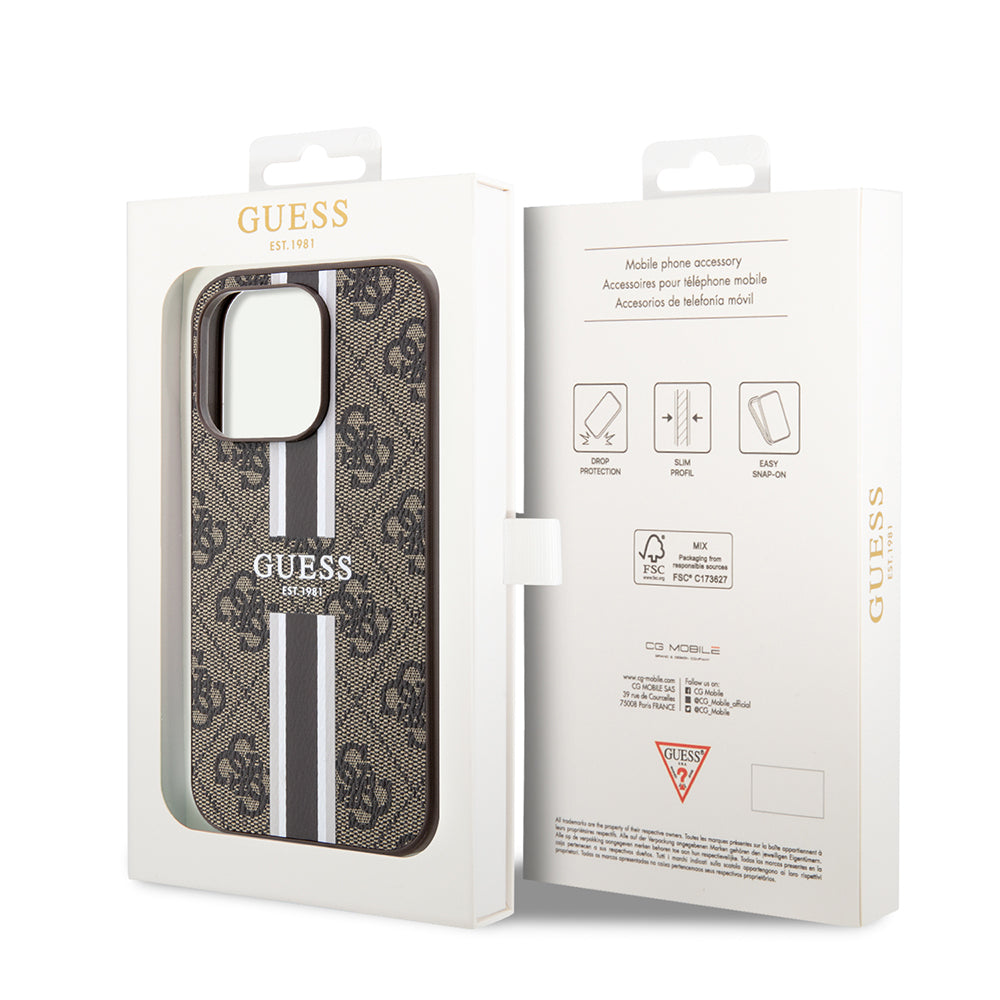 Apple iPhone 15 Pro Kılıf Guess Orjinal Lisanslı Magsafe Şarj Özellikli 4G Şerit Tasarımlı Printed Kapak Kahverengi