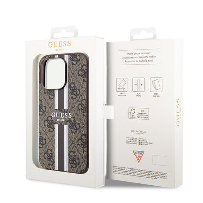 Apple iPhone 15 Pro Kılıf Guess Orjinal Lisanslı Magsafe Şarj Özellikli 4G Şerit Tasarımlı Printed Kapak Kahverengi