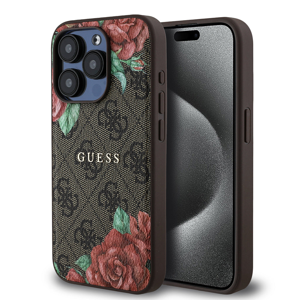 iPhone 15 Pro Kılıf Guess Orjinal Lisanslı M-safe Şarj Özellikli Gül Baskılı 4G Desenli Yazı Logolu Kılıf