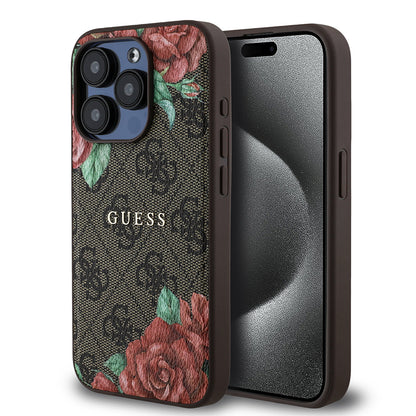 iPhone 15 Pro Kılıf Guess Orjinal Lisanslı M-safe Şarj Özellikli Gül Baskılı 4G Desenli Yazı Logolu Kılıf