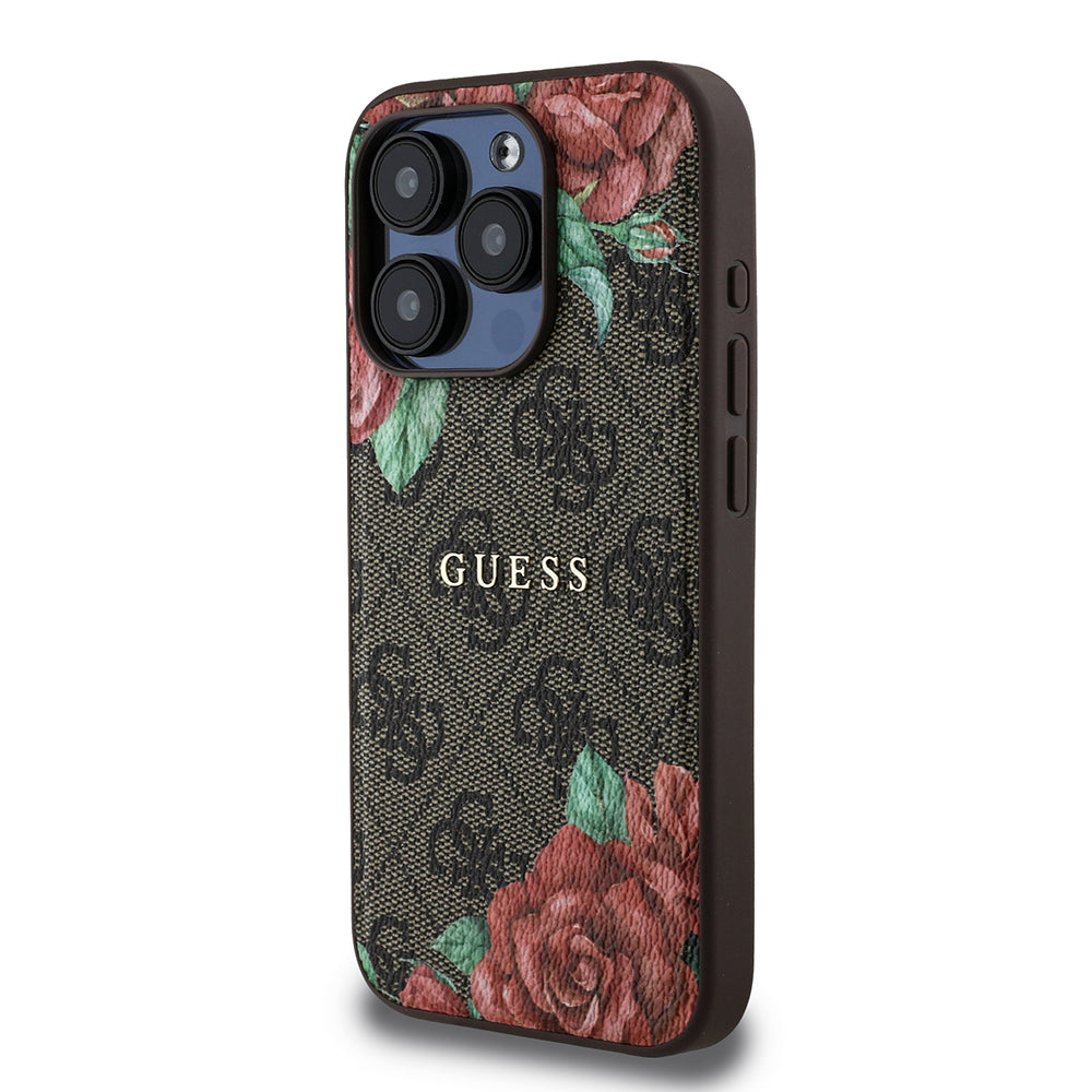 Apple iPhone 15 Pro Kılıf Guess Orjinal Lisanslı Magsafe Şarj Özellikli Gül Baskılı 4G Desenli Yazı Logolu Kapak Kahverengi