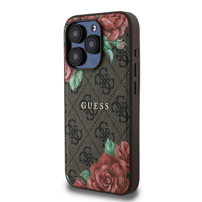 Apple iPhone 15 Pro Kılıf Guess Orjinal Lisanslı Magsafe Şarj Özellikli Gül Baskılı 4G Desenli Yazı Logolu Kapak Siyah