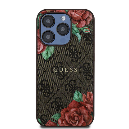 iPhone 15 Pro Kılıf Guess Orjinal Lisanslı M-safe Şarj Özellikli Gül Baskılı 4G Desenli Yazı Logolu Kılıf
