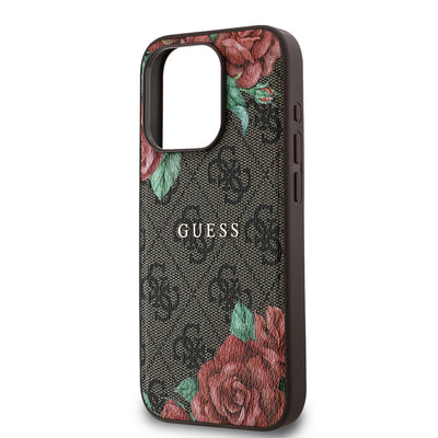 Apple iPhone 15 Pro Kılıf Guess Orjinal Lisanslı Magsafe Şarj Özellikli Gül Baskılı 4G Desenli Yazı Logolu Kapak Siyah