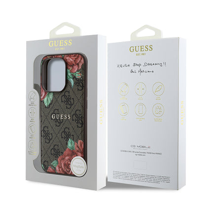 iPhone 15 Pro Kılıf Guess Orjinal Lisanslı M-safe Şarj Özellikli Gül Baskılı 4G Desenli Yazı Logolu Kılıf