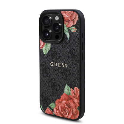 iPhone 15 Pro Kılıf Guess Orjinal Lisanslı M-safe Şarj Özellikli Gül Baskılı 4G Desenli Yazı Logolu Kılıf