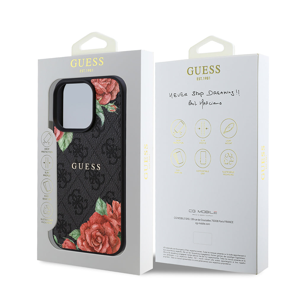iPhone 15 Pro Kılıf Guess Orjinal Lisanslı M-safe Şarj Özellikli Gül Baskılı 4G Desenli Yazı Logolu Kılıf