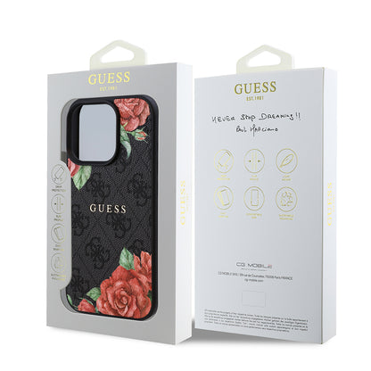iPhone 15 Pro Kılıf Guess Orjinal Lisanslı M-safe Şarj Özellikli Gül Baskılı 4G Desenli Yazı Logolu Kılıf