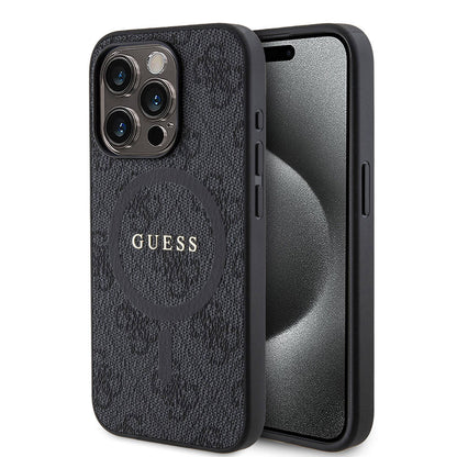 iPhone 15 Pro Kılıf Guess Orjinal Lisanslı M-safe Şarj Özellikli PU Halkalı 4G Desenli Yazı Logolu Kılıf