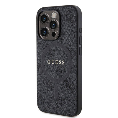 Apple iPhone 15 Pro Kılıf Guess Orjinal Lisanslı Magsafe Şarj Özellikli PU Halkalı 4G Desenli Yazı Logolu Kapak Kahverengi