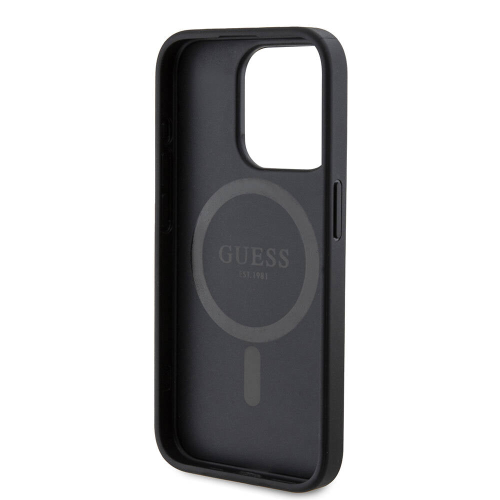 Apple iPhone 15 Pro Kılıf Guess Orjinal Lisanslı Magsafe Şarj Özellikli PU Halkalı 4G Desenli Yazı Logolu Kapak Kahverengi