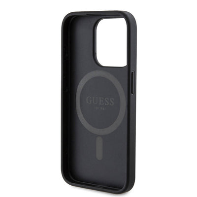 Apple iPhone 15 Pro Kılıf Guess Orjinal Lisanslı Magsafe Şarj Özellikli PU Halkalı 4G Desenli Yazı Logolu Kapak Kahverengi