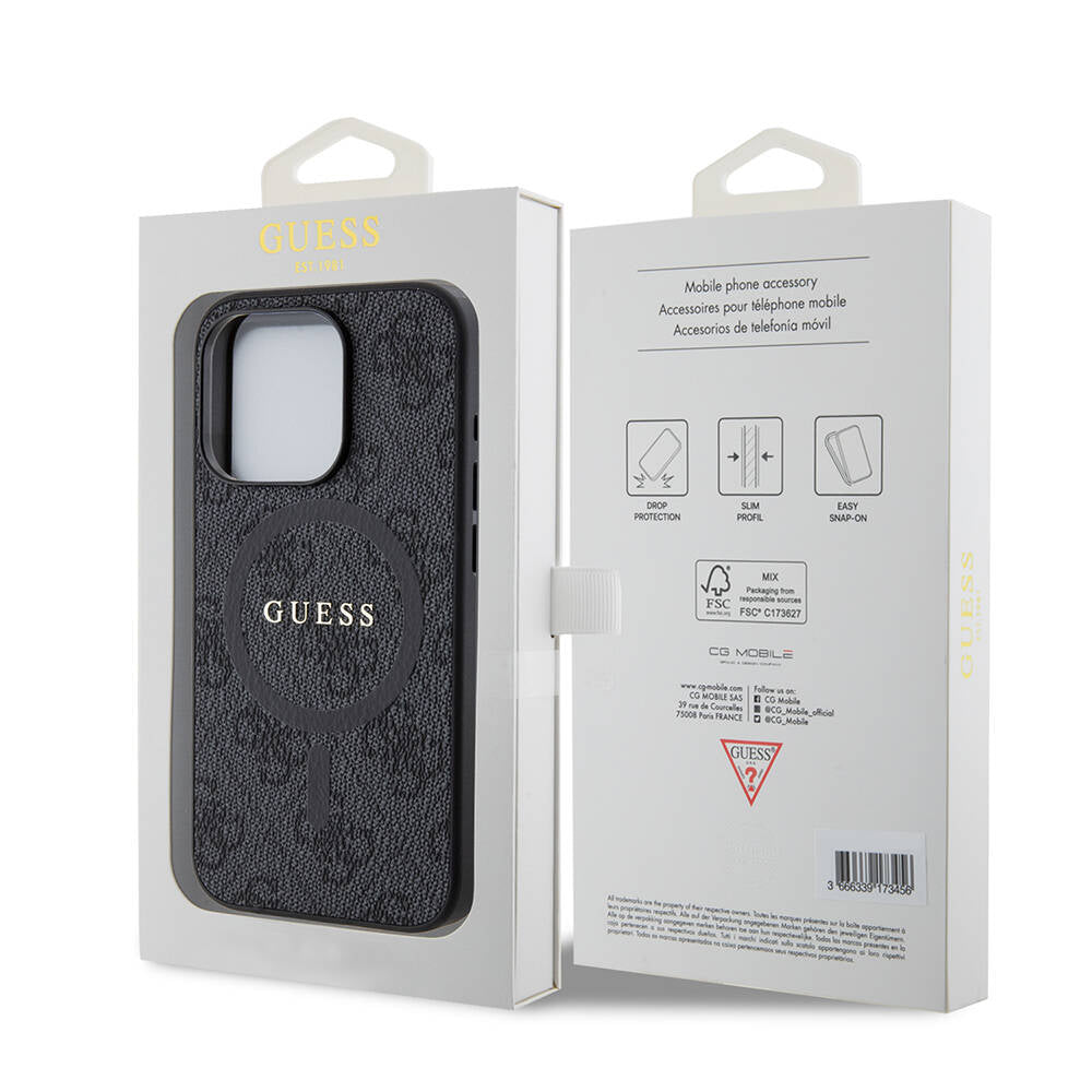 iPhone 15 Pro Kılıf Guess Orjinal Lisanslı M-safe Şarj Özellikli PU Halkalı 4G Desenli Yazı Logolu Kılıf