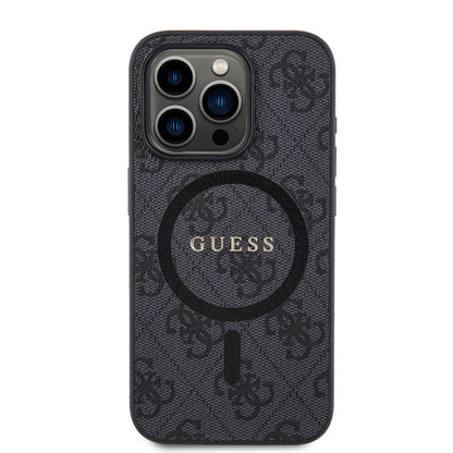 iPhone 15 Pro Kılıf Guess Orjinal Lisanslı M-safe Şarj Özellikli PU Halkalı 4G Desenli Yazı Logolu Kılıf