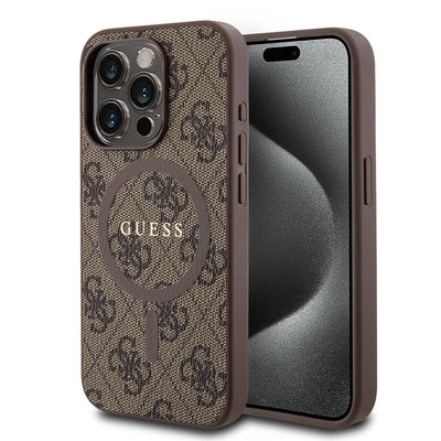 Apple iPhone 15 Pro Kılıf Guess Orjinal Lisanslı Magsafe Şarj Özellikli PU Halkalı 4G Desenli Yazı Logolu Kapak Pembe