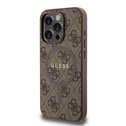 iPhone 15 Pro Kılıf Guess Orjinal Lisanslı M-safe Şarj Özellikli PU Halkalı 4G Desenli Yazı Logolu Kılıf