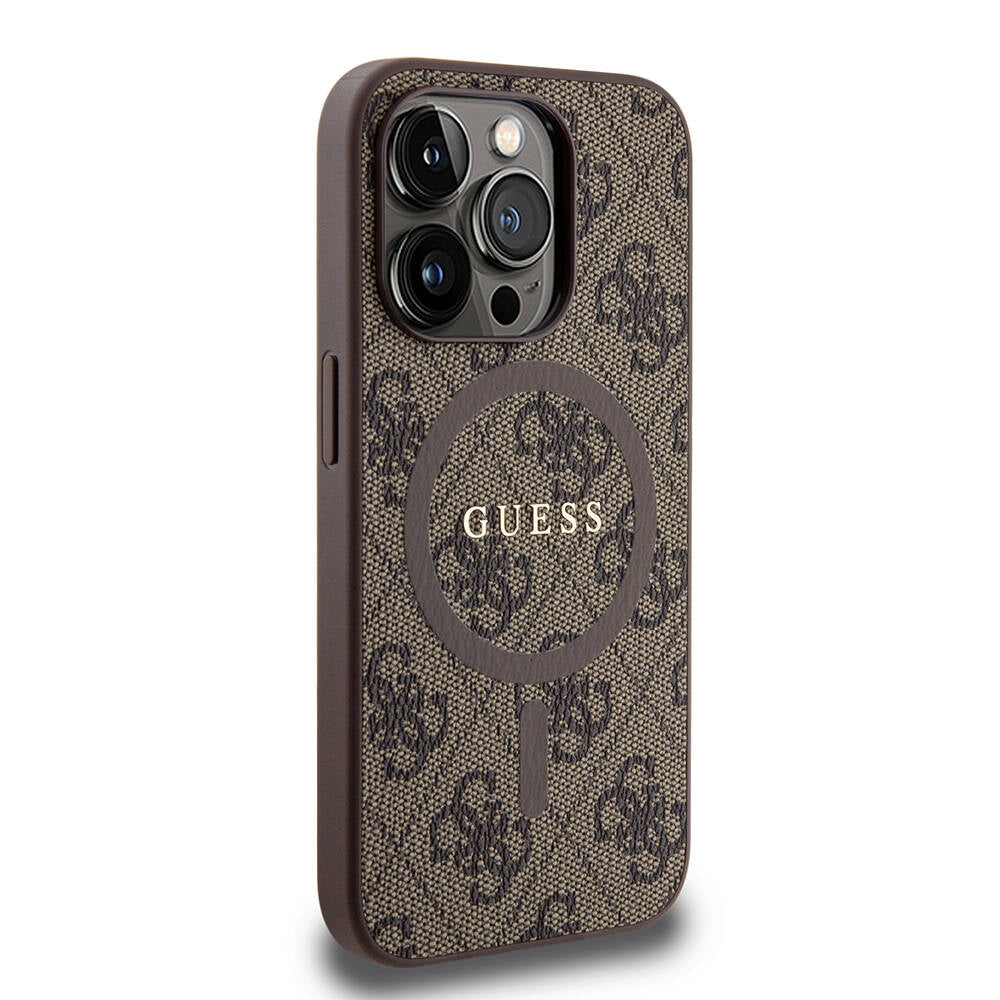 iPhone 15 Pro Kılıf Guess Orjinal Lisanslı M-safe Şarj Özellikli PU Halkalı 4G Desenli Yazı Logolu Kılıf