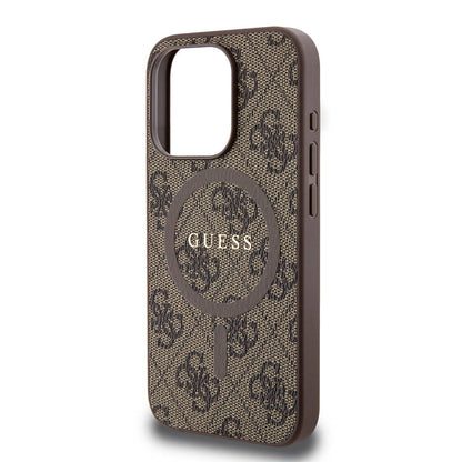 iPhone 15 Pro Kılıf Guess Orjinal Lisanslı M-safe Şarj Özellikli PU Halkalı 4G Desenli Yazı Logolu Kılıf