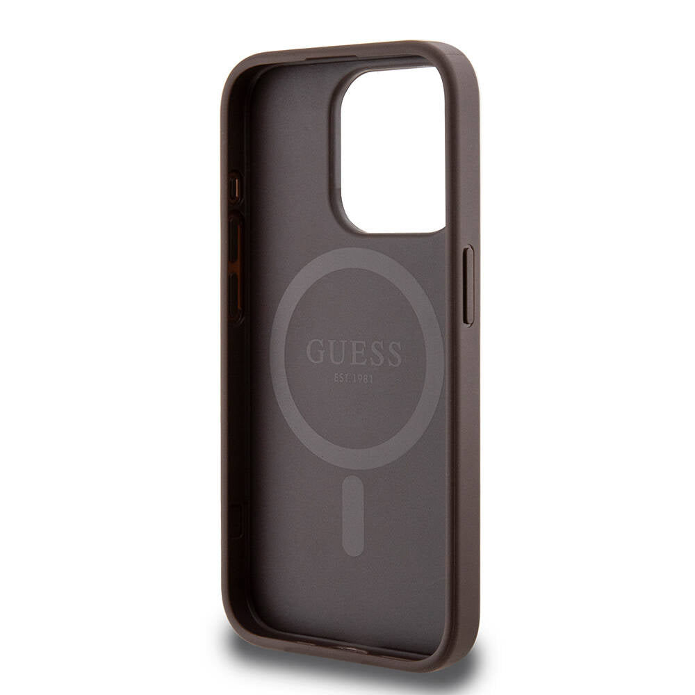 iPhone 15 Pro Kılıf Guess Orjinal Lisanslı M-safe Şarj Özellikli PU Halkalı 4G Desenli Yazı Logolu Kılıf