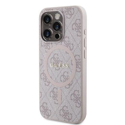 iPhone 15 Pro Kılıf Guess Orjinal Lisanslı M-safe Şarj Özellikli PU Halkalı 4G Desenli Yazı Logolu Kılıf