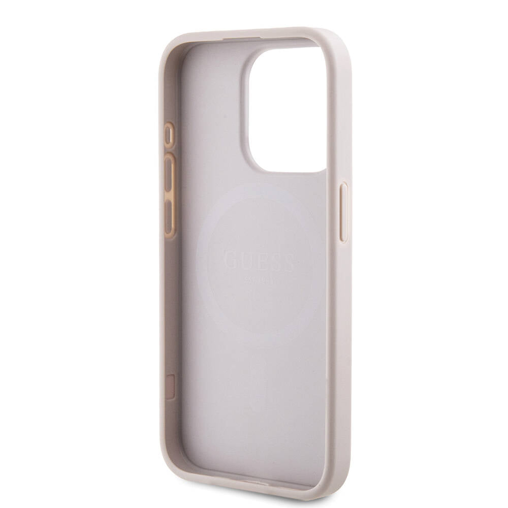 iPhone 15 Pro Kılıf Guess Orjinal Lisanslı M-safe Şarj Özellikli PU Halkalı 4G Desenli Yazı Logolu Kılıf