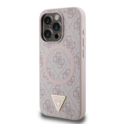 iPhone 15 Pro Kılıf Guess Orjinal Lisanslı M-safe Şarj Özellikli PU Üçgen Logo 4G Desenli Kılıf