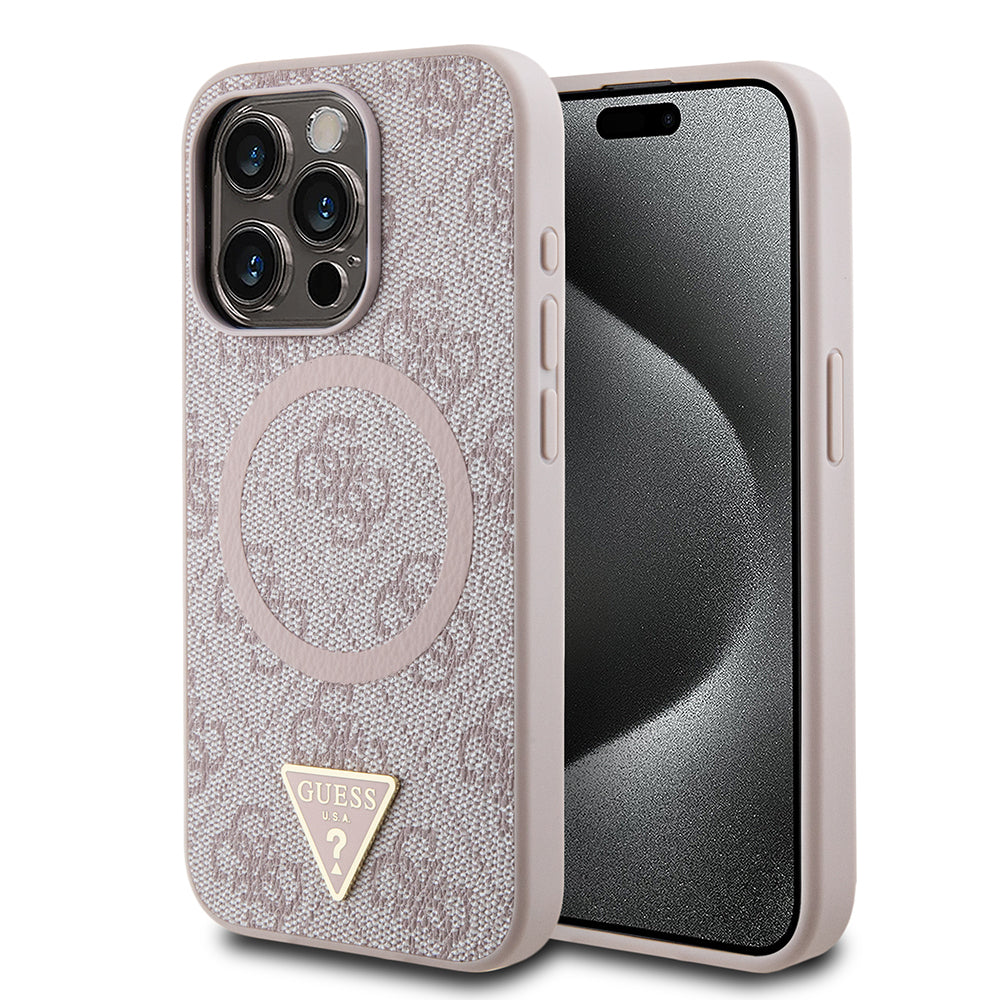 iPhone 15 Pro Kılıf Guess Orjinal Lisanslı M-safe Şarj Özellikli PU Üçgen Logo 4G Desenli Kılıf