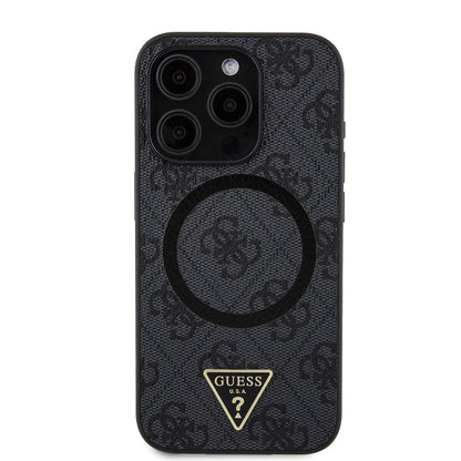 iPhone 15 Pro Kılıf Guess Orjinal Lisanslı M-safe Şarj Özellikli PU Üçgen Logo 4G Desenli Kılıf