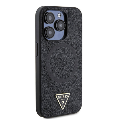 iPhone 15 Pro Kılıf Guess Orjinal Lisanslı M-safe Şarj Özellikli PU Üçgen Logo 4G Desenli Kılıf