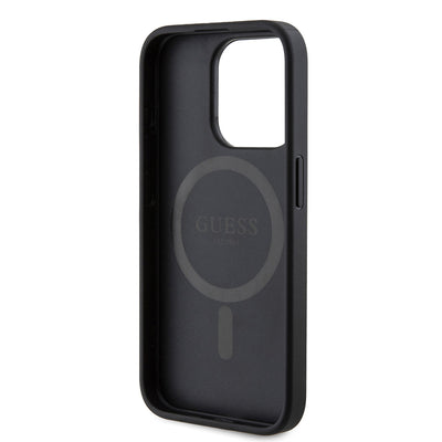 Apple iPhone 15 Pro Kılıf Guess Orjinal Lisanslı Magsafe Şarj Özellikli PU Üçgen Logo 4G Desenli Kapak Siyah