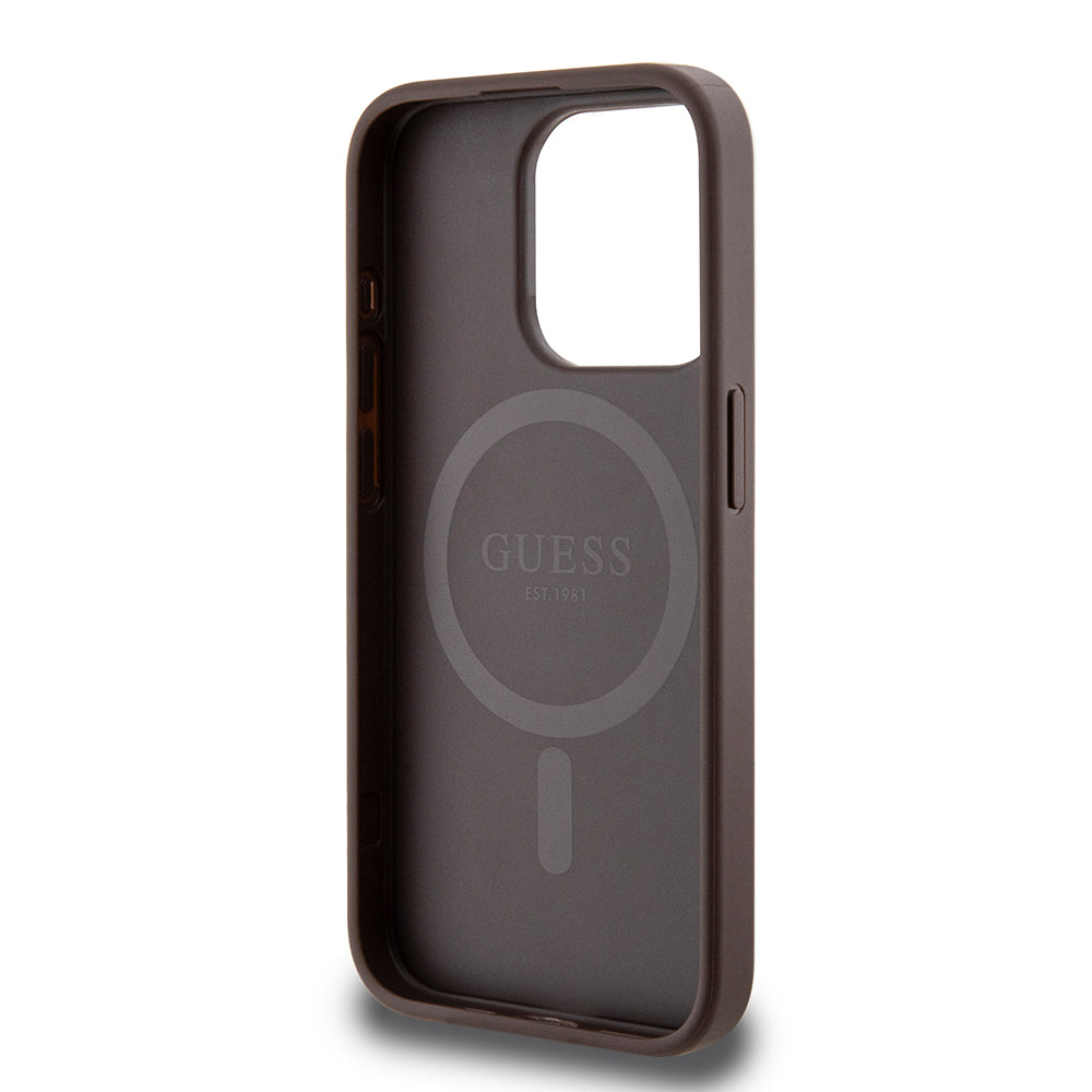 Apple iPhone 15 Pro Kılıf Guess Orjinal Lisanslı Magsafe Şarj Özellikli PU Üçgen Logo 4G Desenli Kapak Kahverengi
