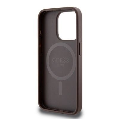 Apple iPhone 15 Pro Kılıf Guess Orjinal Lisanslı Magsafe Şarj Özellikli PU Üçgen Logo 4G Desenli Kapak Siyah